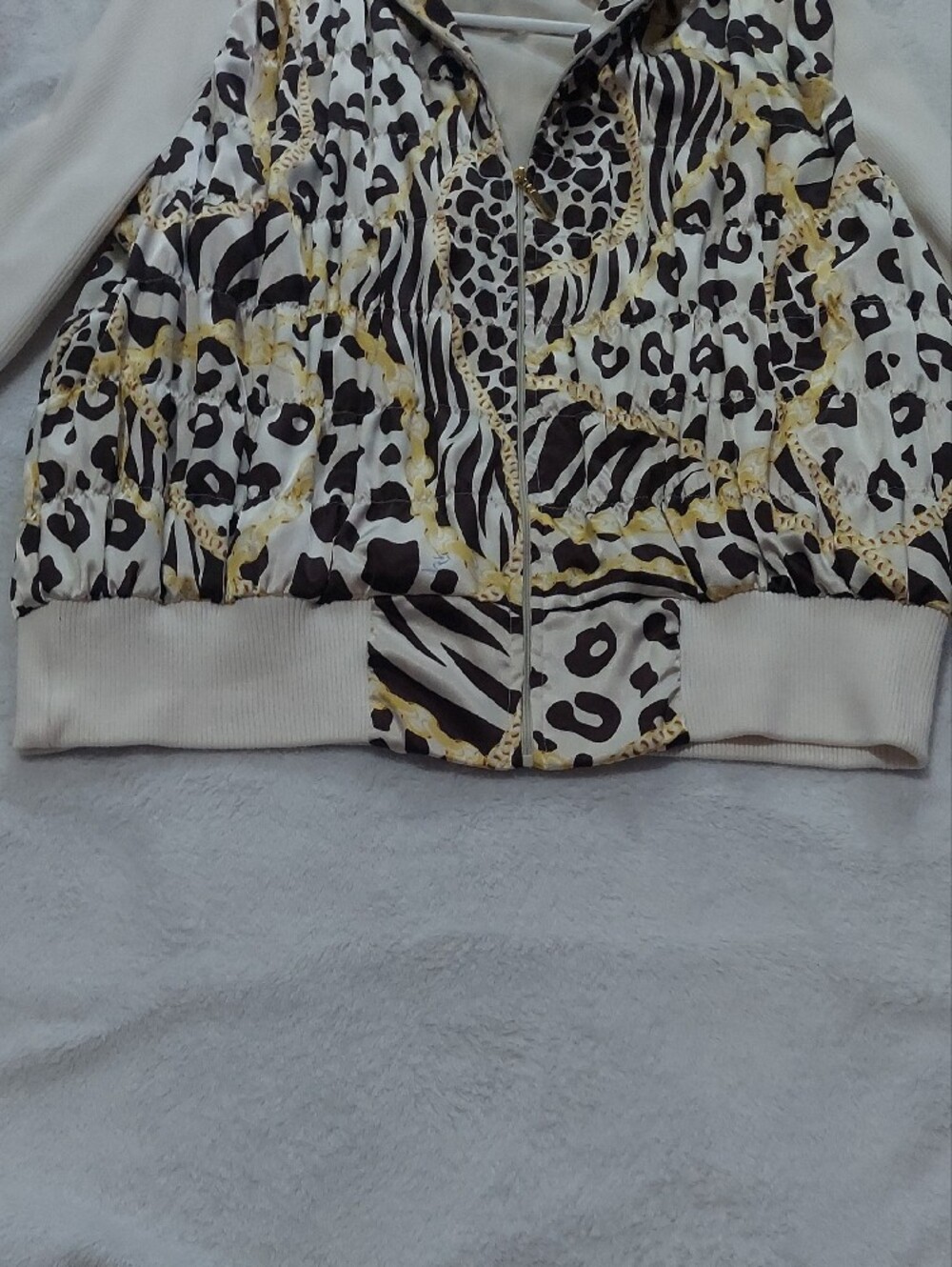 6 for $10 M&M Multiples Cream Zip-Front Animal Print Jacket with Gold Accents - Picture 10 of 14
